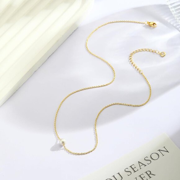 Women's 1 Gold Pearl Necklace 14k Gold Plated Dainty Pearl Necklace Choker - Picture 7 of 7